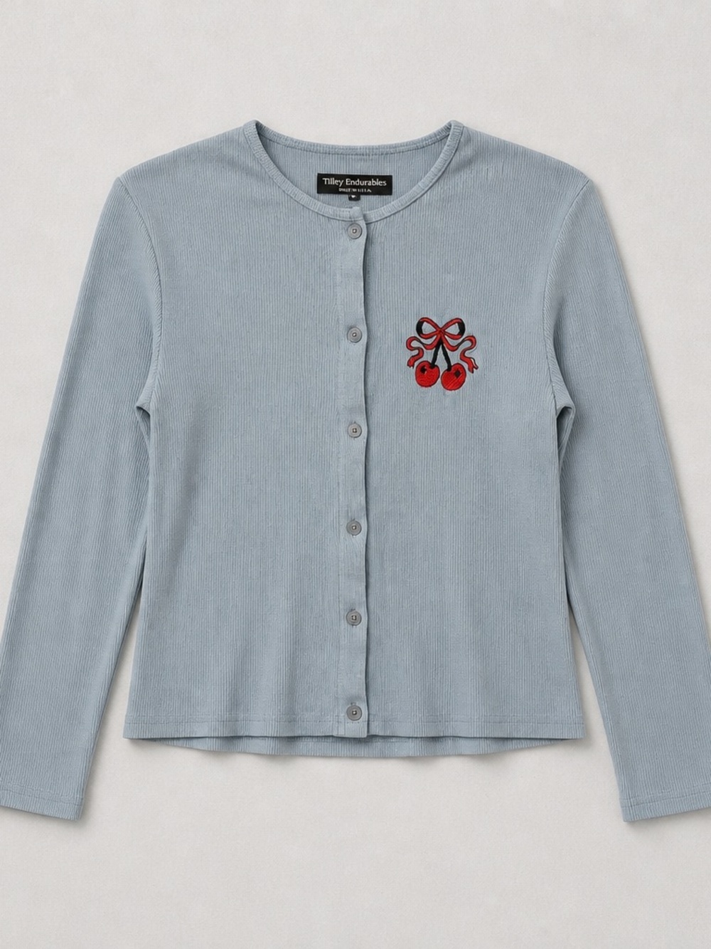 Y2K Tilley Endurables Made in Canada Blue Cherry Embroidered Rib Knit Cardigan M - Picture 3 of 6